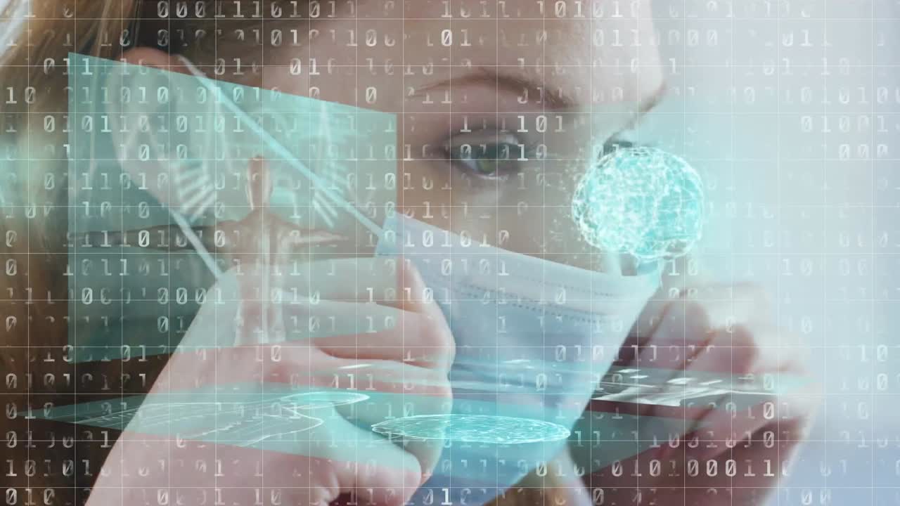 animación del procesamiento de datos sobre una mujer caucásica que lleva una máscara facial