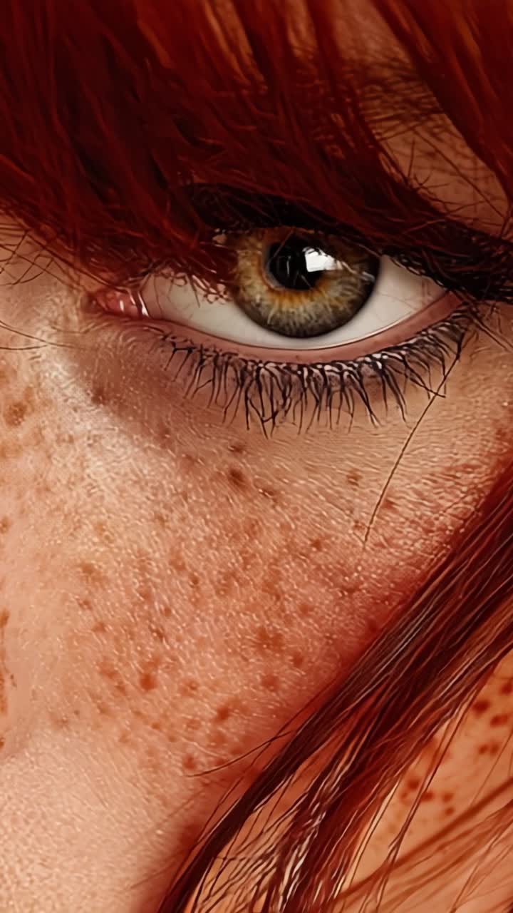 A Close-up of an Intriguing Eye with Freckles and Red Hair, Capturing the Expressive Beauty and Unique Features of the Subject