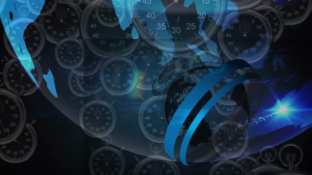 지구와 연결 네트워크를 가진 움직이는 빛의 애니메이션과 시계에 대한 데이터 처리