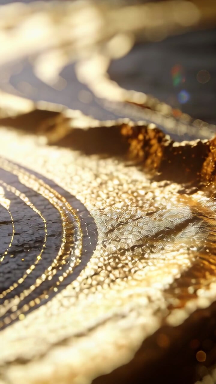 Vertical video: Shifting macro camera revealing gold ridged surface in studio, highlighting texture