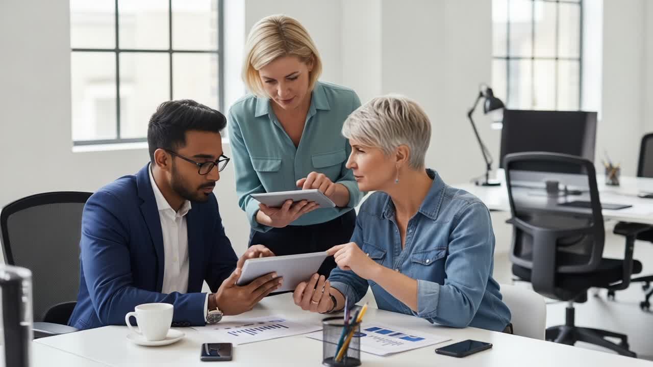 Collaboration d'équipe dans un bureau moderne : des professionnels discutent de stratégies à l'aide de tablettes et de documents, avec des expressions concentrées