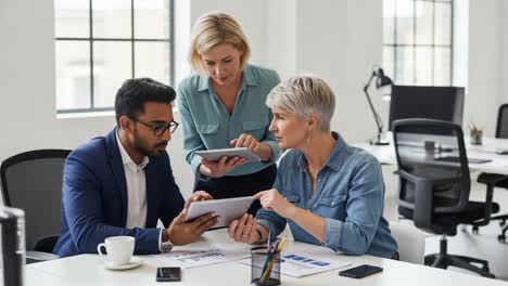 collaborative team engagement in modern office setting: professionals discussing strategies using tablets and documents with focused expressions