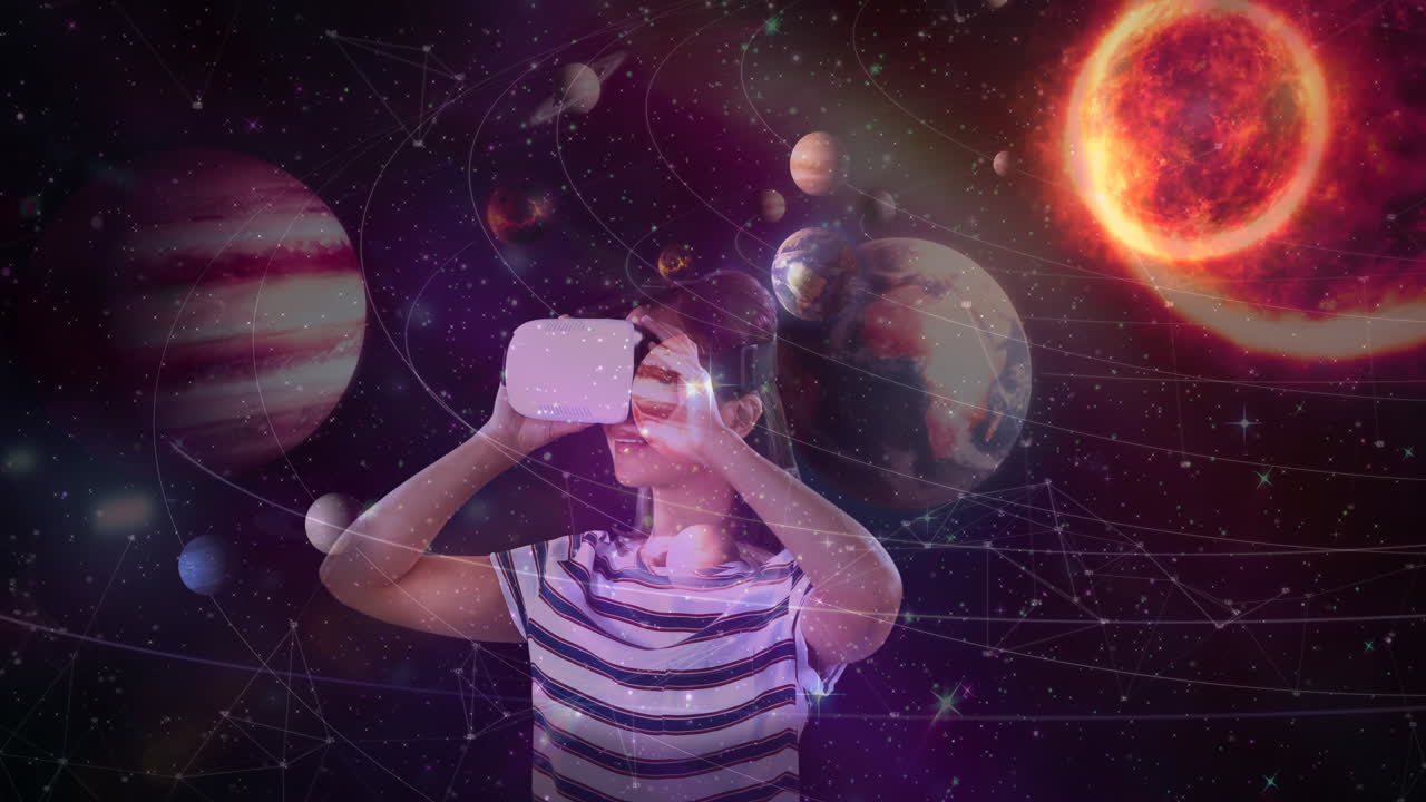 composición científica mujer observando el universo con realidad aumentada