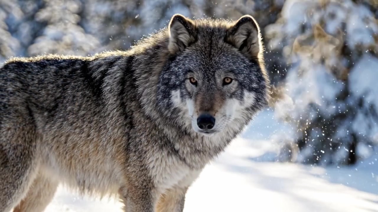 Majestic Wolf in Winter Wonderland: Captivating Scenes of a Wolf Amidst Snowy Pines and Frosty Breath Against a Sparkling Winter Background