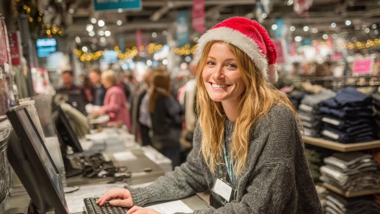 Cheerful Retail Assistant Spreads Holiday Joy in Festive Attire with Santa Hat While Assisting Customers in a Busy Store Environment