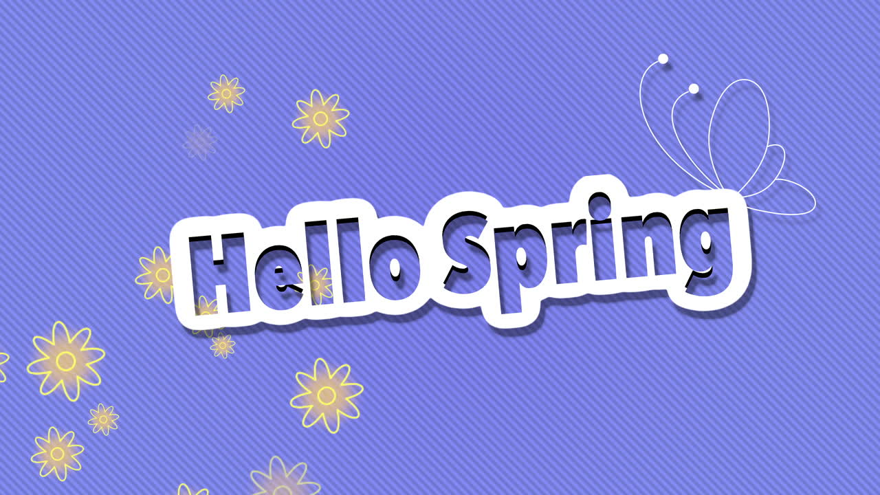 Hello Spring with fly yellow flowers on blue gradient lines pattern