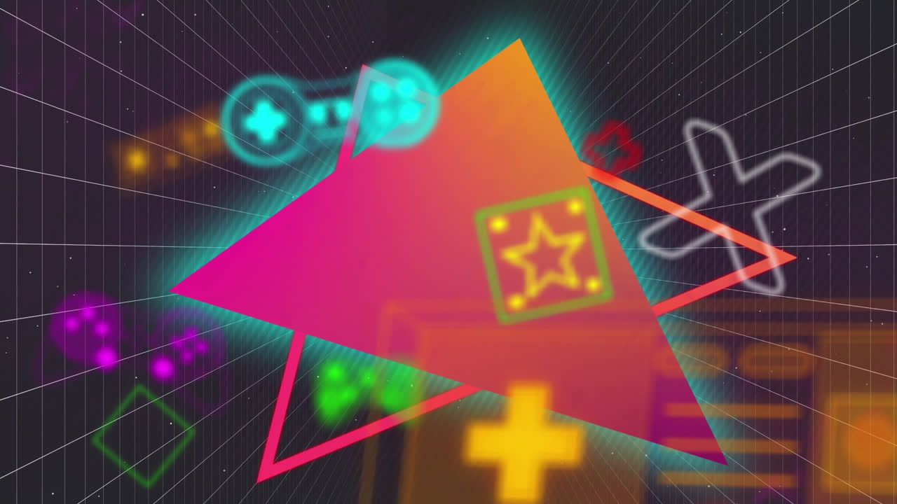 animación de iconos de juego sobre formas geométricas y cuadrícula
