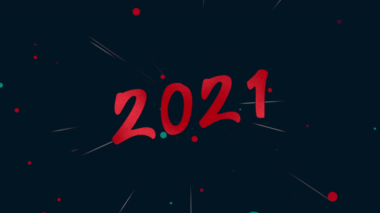 cierre animado 2021 con confeti de moscas y brillo sobre fondo negro de vacaciones
