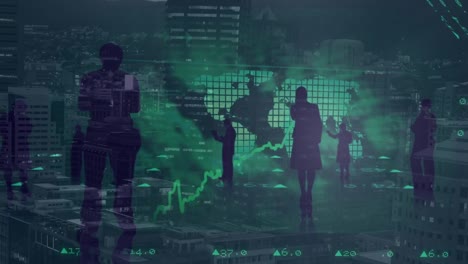 animation of financial data, world map with multiracial business people on digital interface