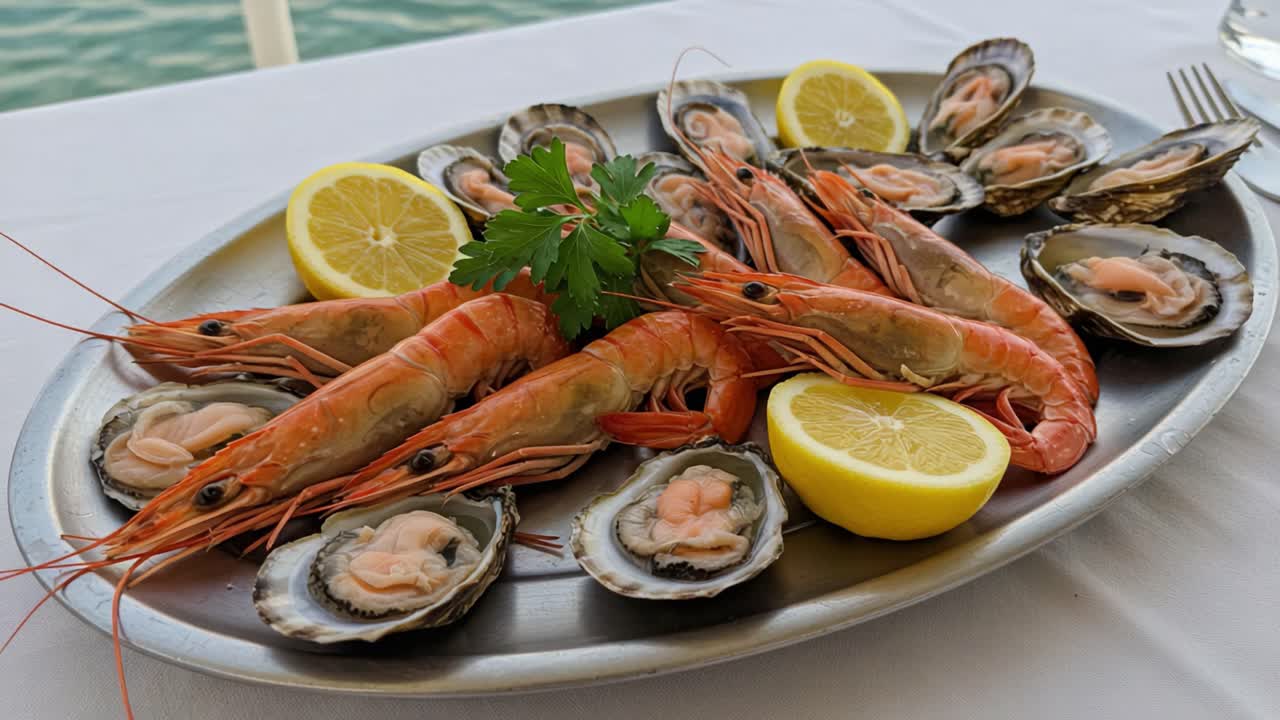 A Delectable Seafood Platter Featuring Fresh Shrimps and Oysters Garnished with Lemon and Herbs, Perfect for a Gastronomic Experience by the Water