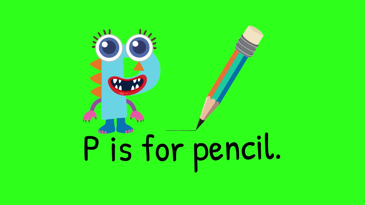 A playful animation with a cartoon character and pencil on a green background, illustrating the letter P