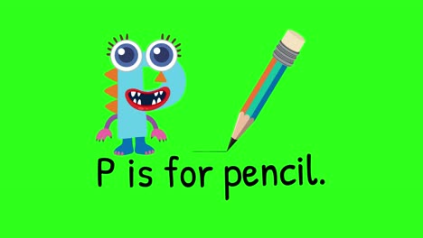 a playful animation with a cartoon character and pencil on a green background, illustrating the letter p