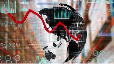 animation of financial data processing over globe and warehouse