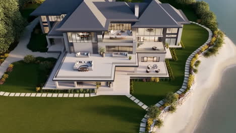 luxurious modern waterfront mansion with extensive outdoor living spaces