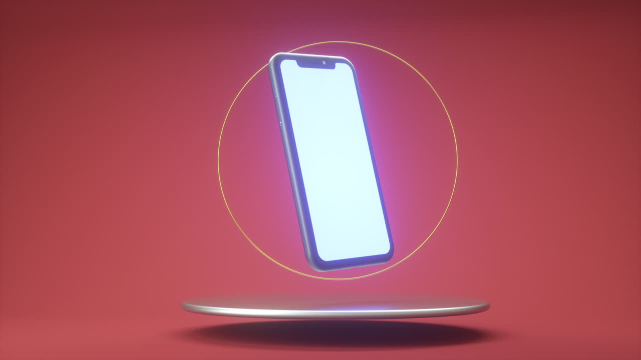 rendering realistico 3d di telefono cellulare con schermo illuminato che ruota nella presentazione del prodotto in stand. animazione a loop senza cuciture 4k