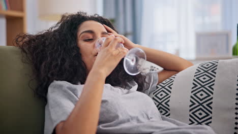 woman relaxing on sofa drinking wine
