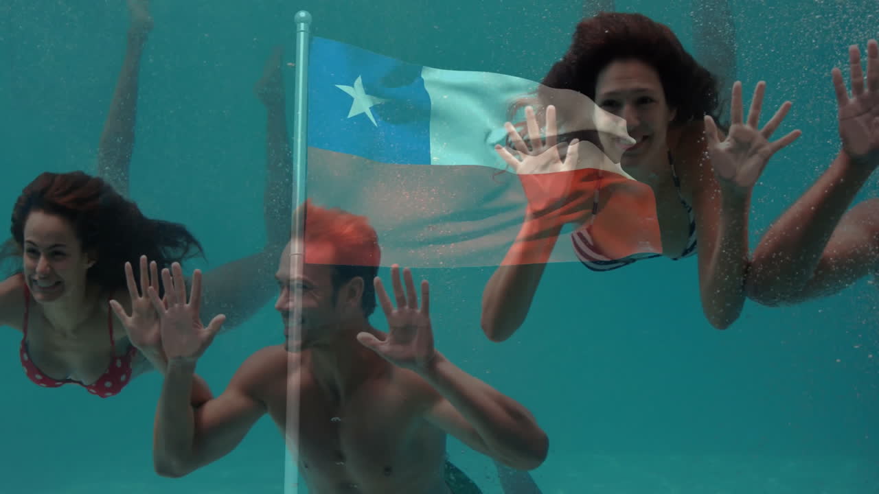 Swimming underwater, people with Chilean flag animation in clear blue water