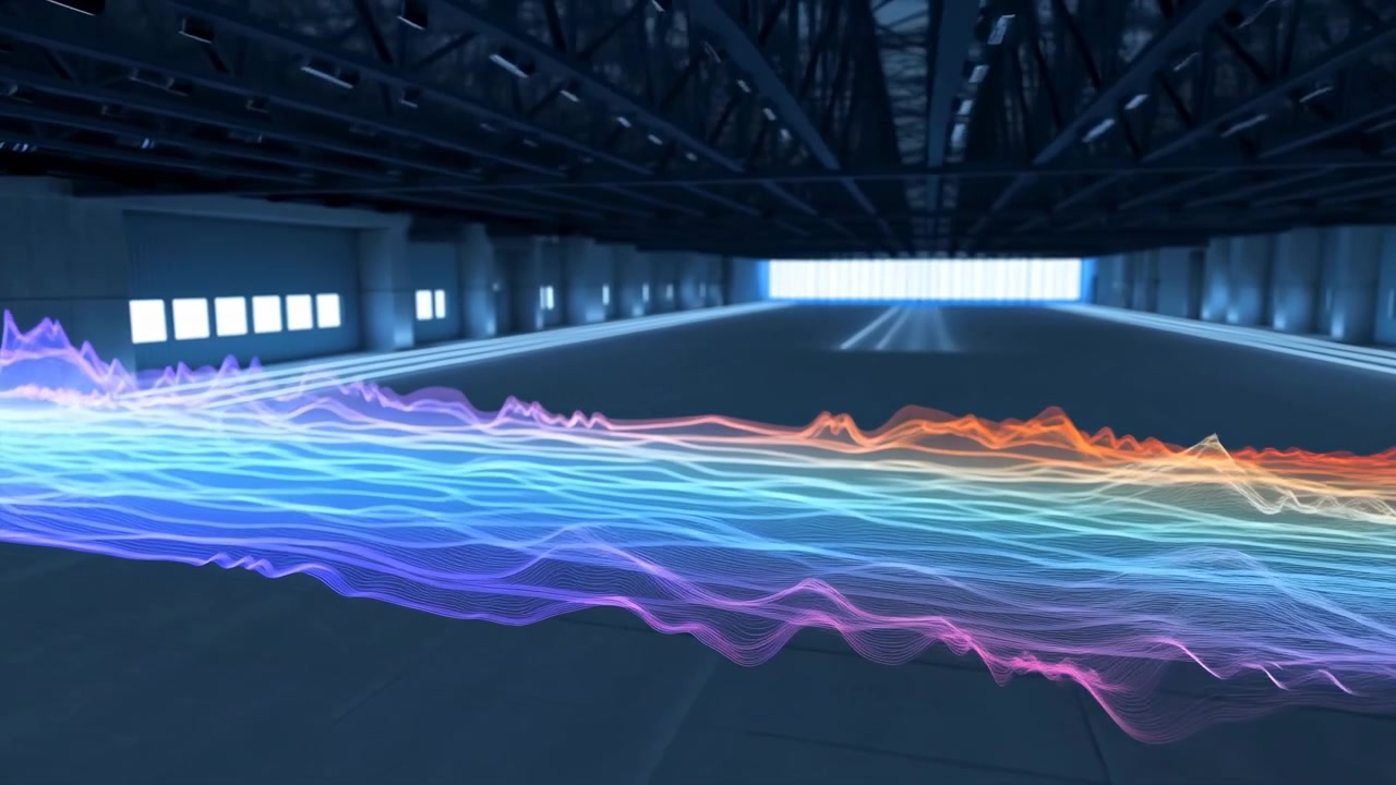Colorful blue, purple, and orange light waves sweep across the floor of a large empty industrial hangar, seen from a low wide angle with bright windows in the