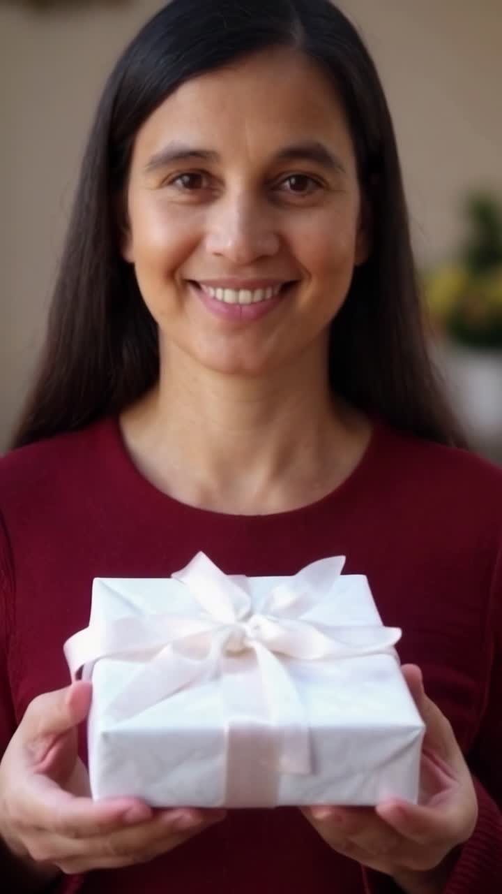 Woman holding a wrapped gift with a ribbon