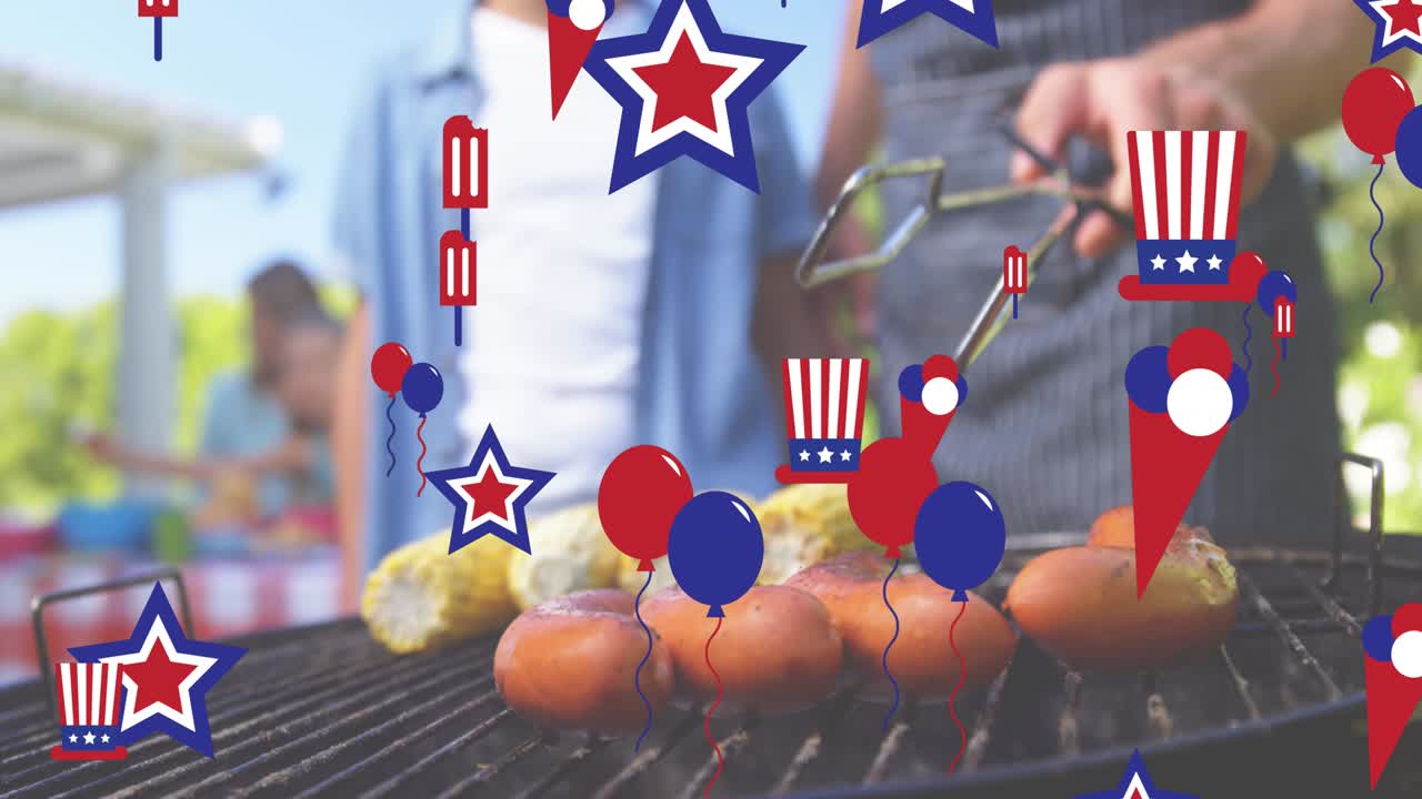 미국 국기 색상의 장식품의 애니메이션, 가족 바베큐 위에 떠다니고
