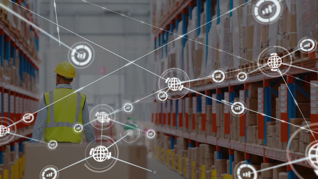 Animation of network of connections over caucasian man in warehouse