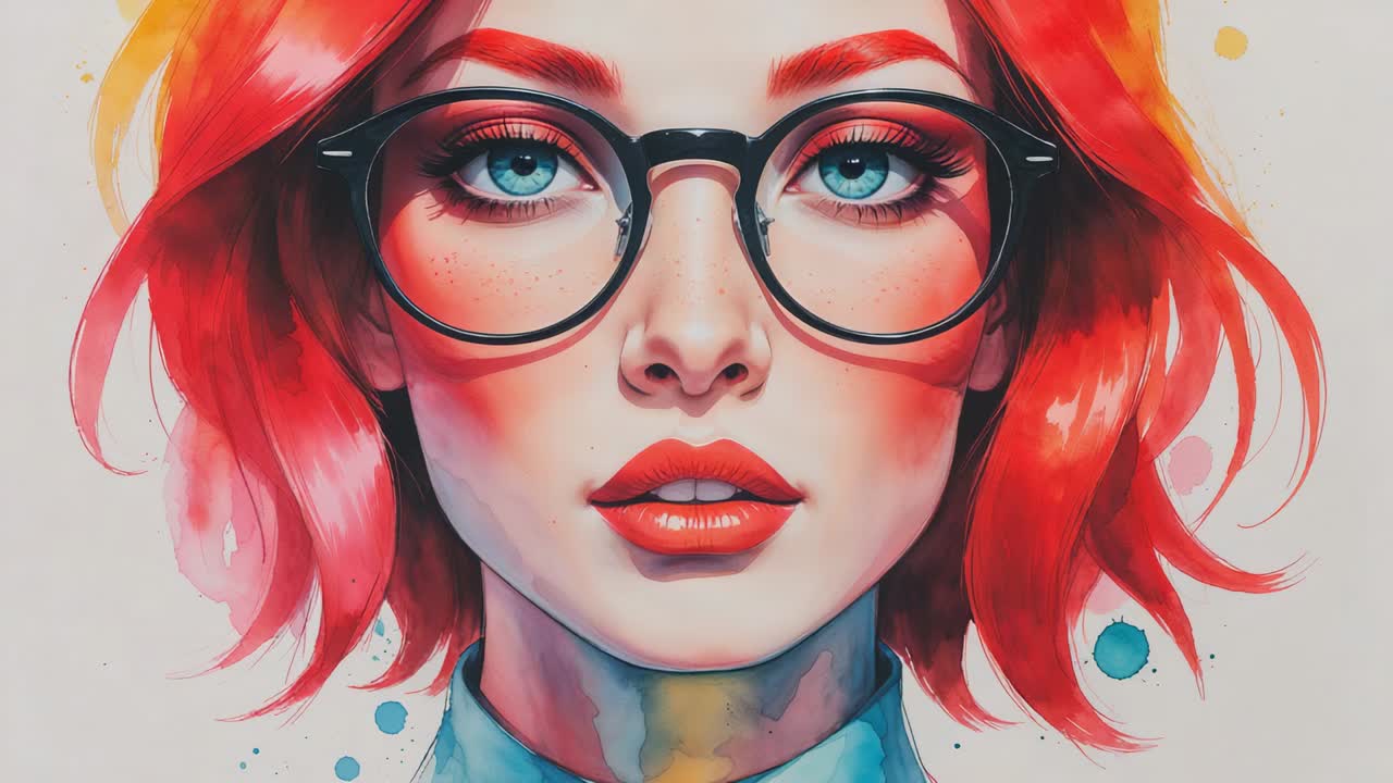 Showing red-haired woman holding gaze on off-white backdrop, with round black-framed glasses