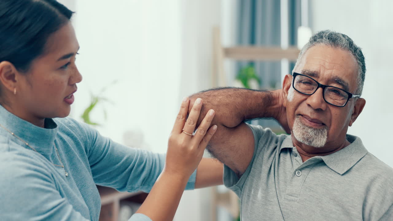Physiotherapist, exercise or old man stretching