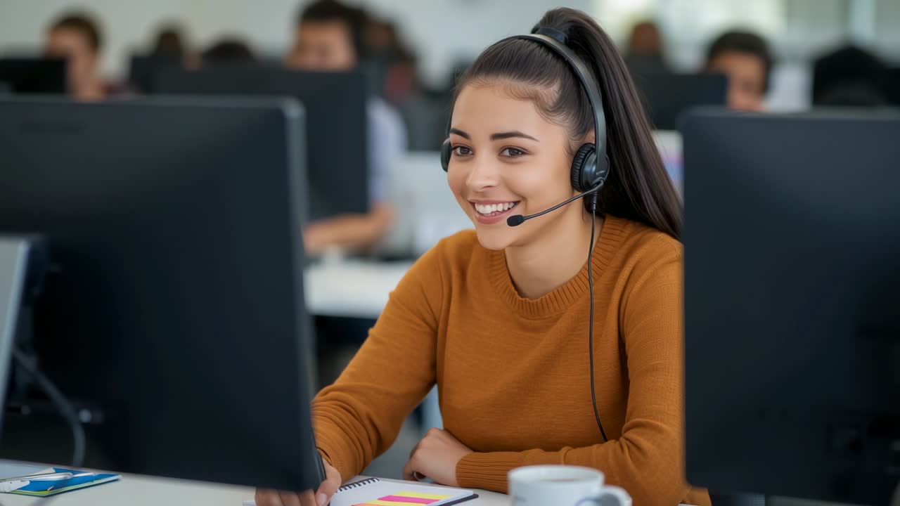 Receiving call, rep in mustard top assisting caller by typing at call center, with headset mic