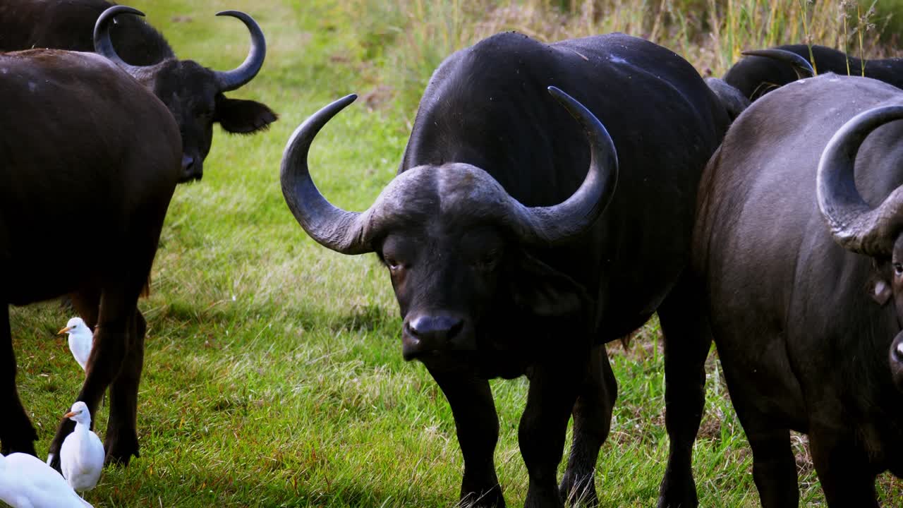 길가를 따라 걷는 버팔로 무리의 총격전