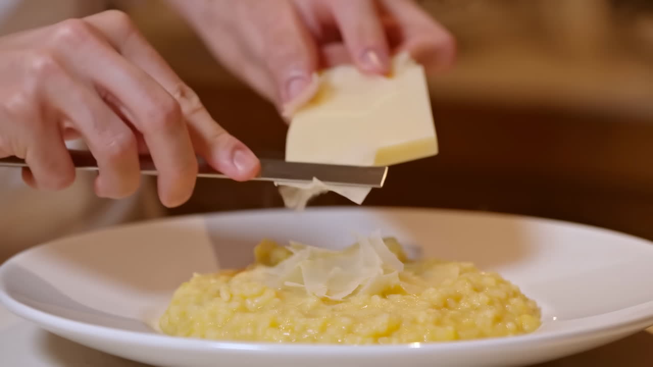 Gros plan sur des mains écaillant du parmesan sur du risotto dans une cuisine chaleureuse. Un chef dresse le riz Arborio crémeux, avec une touche délicate.