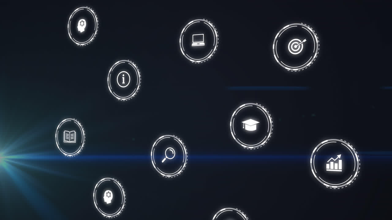 Animation of icons and data processing over black background