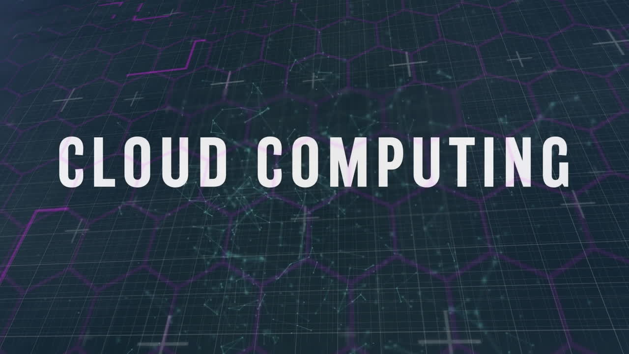 Animation of cloud computing text with digital network and hexagonal grid background