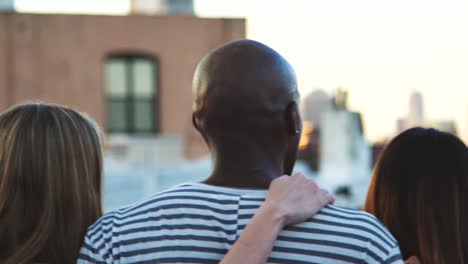 friends with arms around looking from rooftop, back view