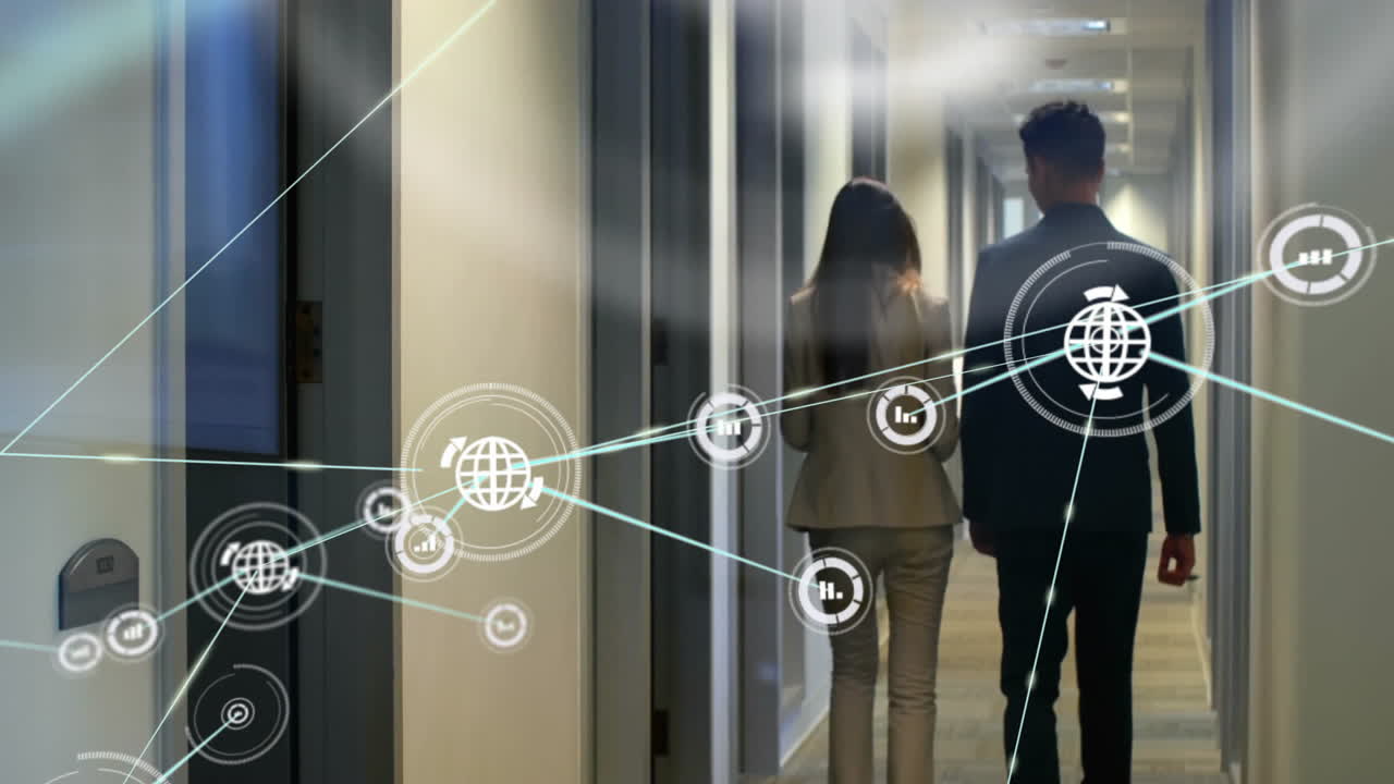 red de conexiones y animación de procesamiento de datos sobre personas de negocios que caminan por el pasillo