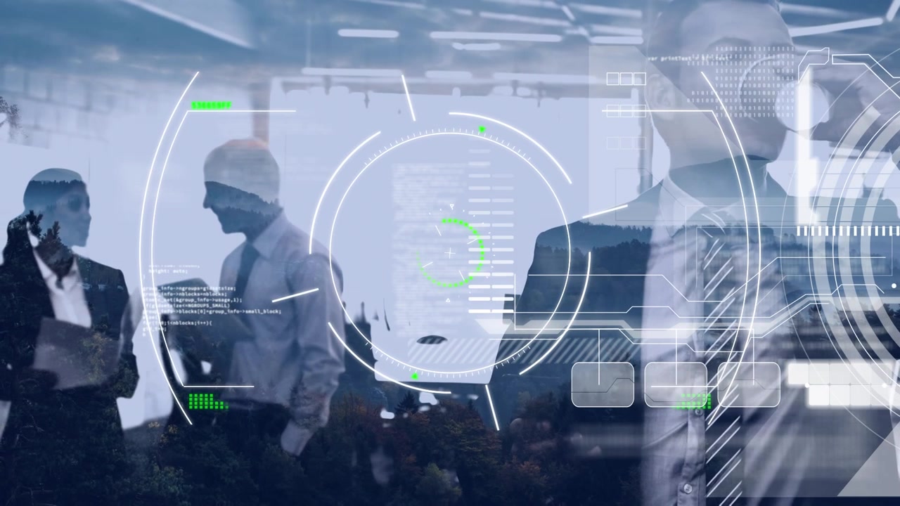 Animation of diverse data processing over businesspeople working in office
