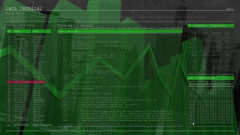 Múltiples-Gráficos-Moviéndose-Sobre-El-Procesamiento-De-Datos-Contra-Edificios-Altos-En-Segundo-Plano.