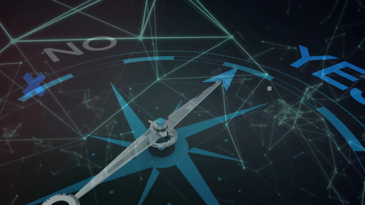 Animation of compass with blue arrows and network connections on digital background