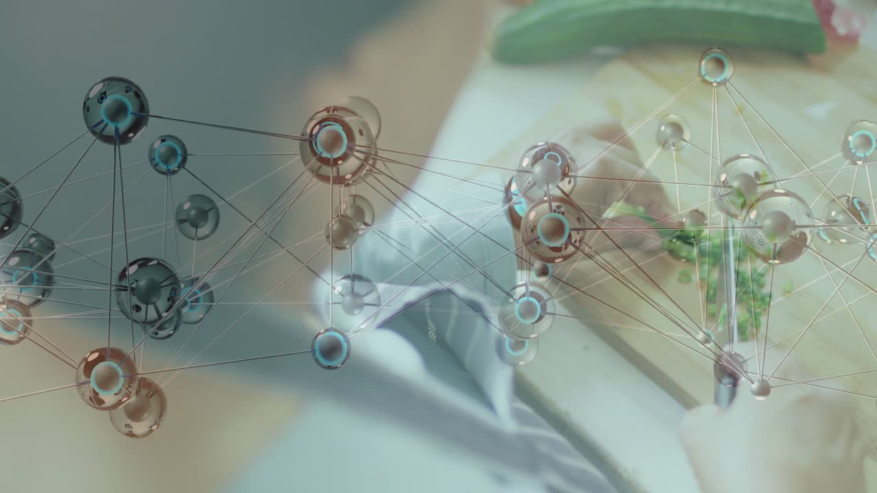 Home cook picking green onions slicing rings in kitchen with overlay syncing for meal