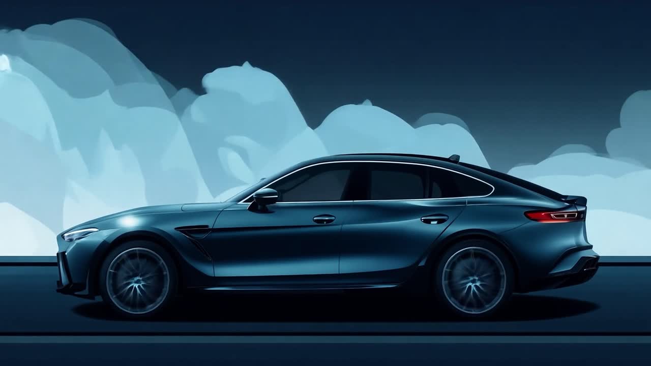 夜に道路に駐車したスリムな青いbmwセダン