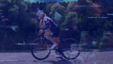cyclist riding on road with data analysis animation over green landscape