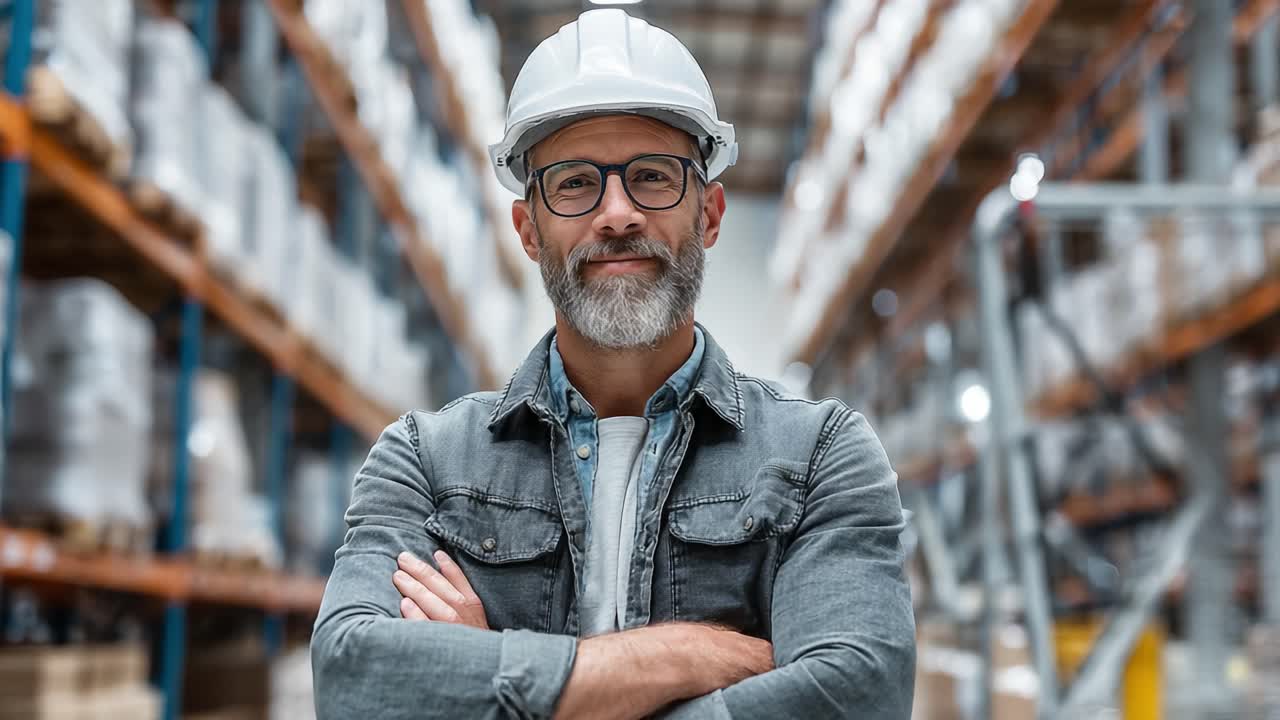 Confident Warehouse Manager Overseeing Operations with a Safety Helmet in a Busy Storage Environment Filled with Shelving Units and Supplies