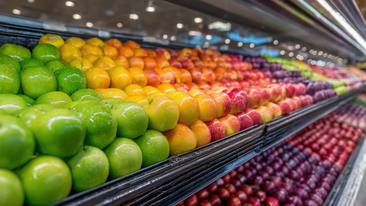 Uma exibição vibrante de maçãs e frutas cítricas frescas atraindo clientes na seção de produtos de um supermercado, mostrando um espectro de cores e texturas