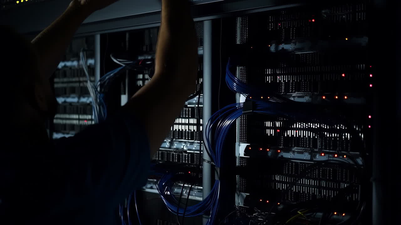 A technician working on server racks in a dark data center