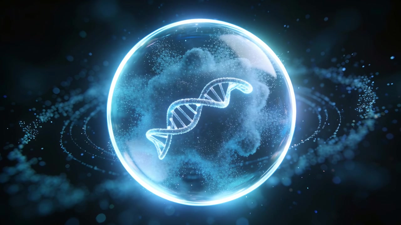 Playing glowing sphere with DNA helix rotating, tilting in lab for science, particle rings orbiting