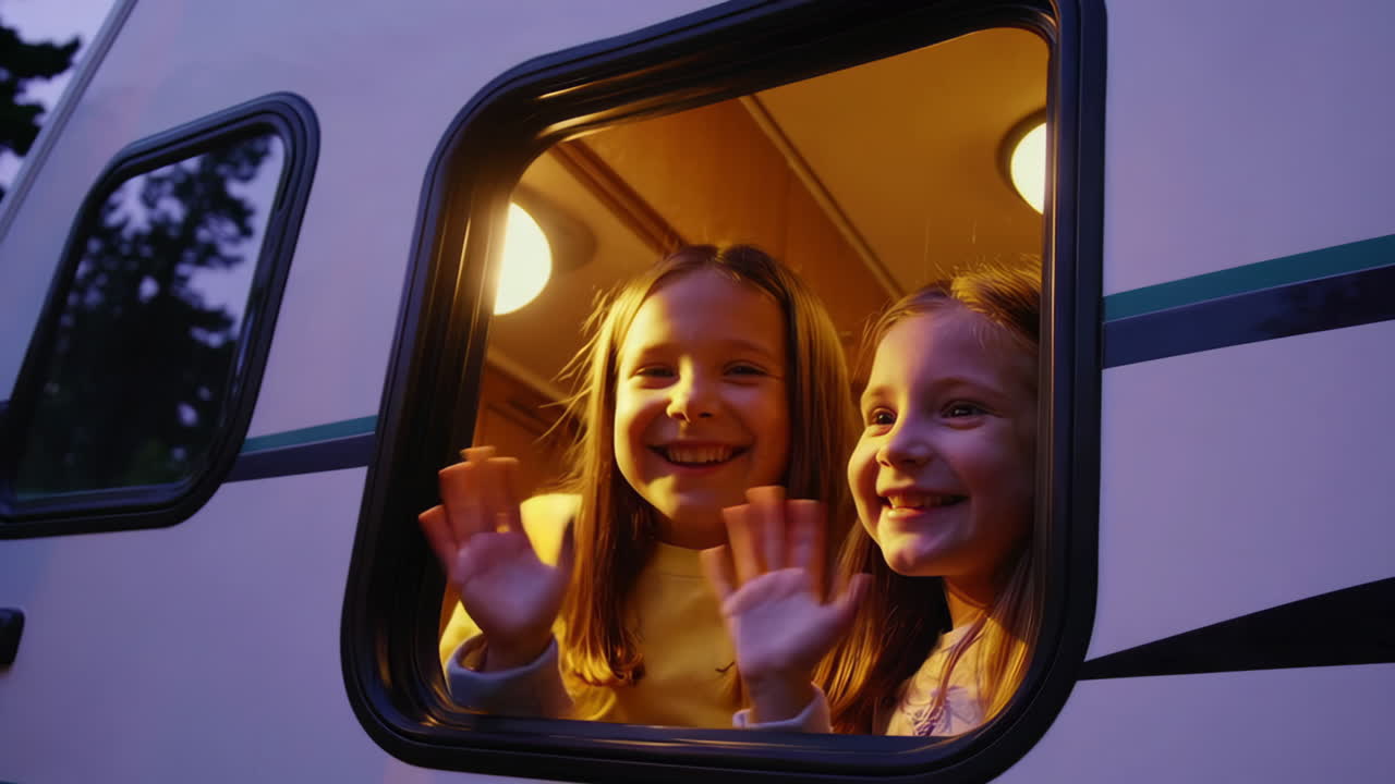 Ragazze felici che salutano da un finestrino di un camper al tramonto