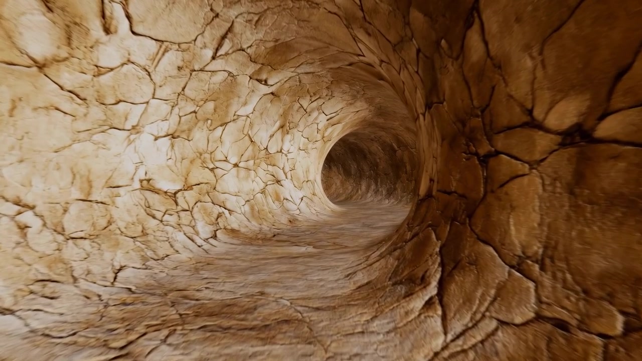 Vista immersiva all'interno di un passaggio cilindrico in arenaria con lastre di roccia stratificate, superfici ruvide e fessurate, pavimento liscio e striato e un'apertura rotonda in ombra, illuminata da un caldo bagliore direzionale.
