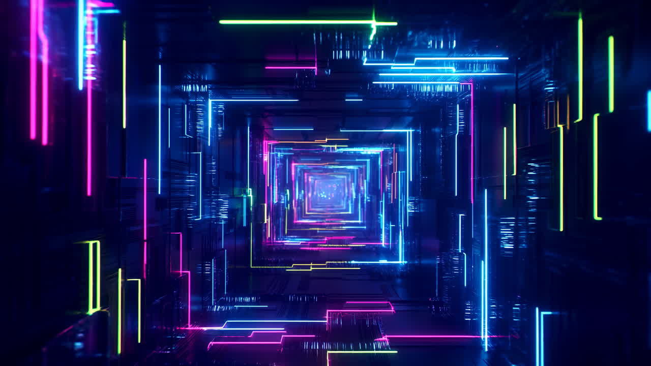 Neon Corridor Tunnel With Glowing Frames And Pulsing Lines, Cyberpunk Data Passage With Retro Synthwave Vibe,