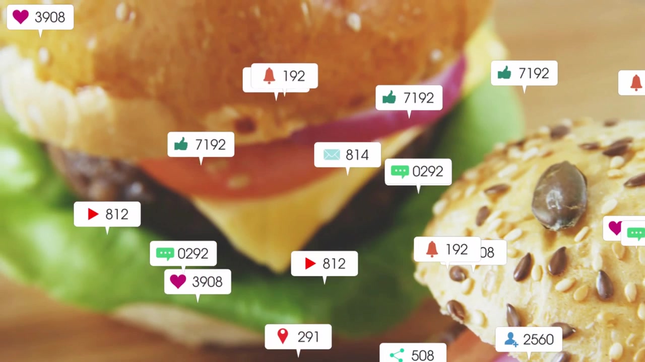 Ping causing seeded burger staying center while social icons popping, grouping, fading to show buzz