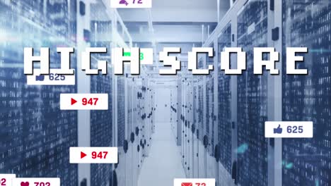 Animation-Von-Highscore-Text-Und-Zahlen,-Die-über-Dem-Serverraum-Wachsen