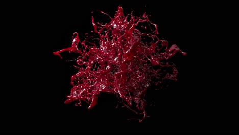 Explosión-De-Líquido-Rojo-Oscuro-En-Animación-3D,-Que-Captura-Una-Salpicadura-Dinámica-Y-De-Alto-Detalle-Sobre-Un-Fondo-Negro-Intenso.